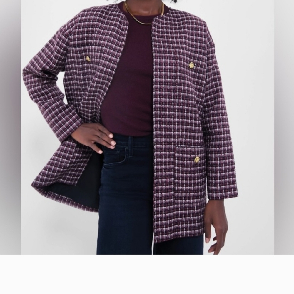 Pomander Place Tuckernuck Gigi Plum Plaid Tweed Open Front Crested Gold Buttons